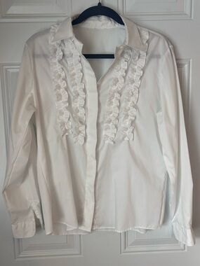 White Ruffle Front Button-Down Shirt - Women